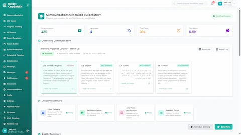 Communications Generated Successfully - Multi-language translations with delivery summary for email, SMS, app push, and portal