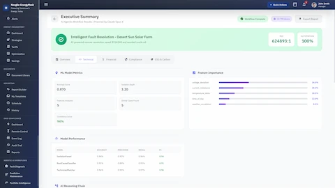 Technical Analysis - ML model metrics, feature importance analysis, and AI reasoning chain transparency