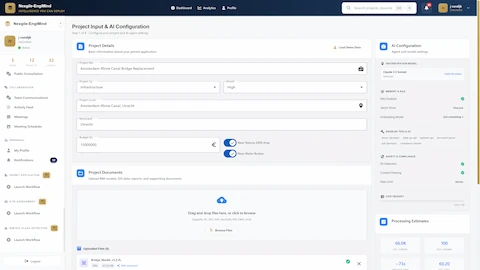 Project Input & AI Configuration screen with document upload, agent settings, and processing estimates for permit applications