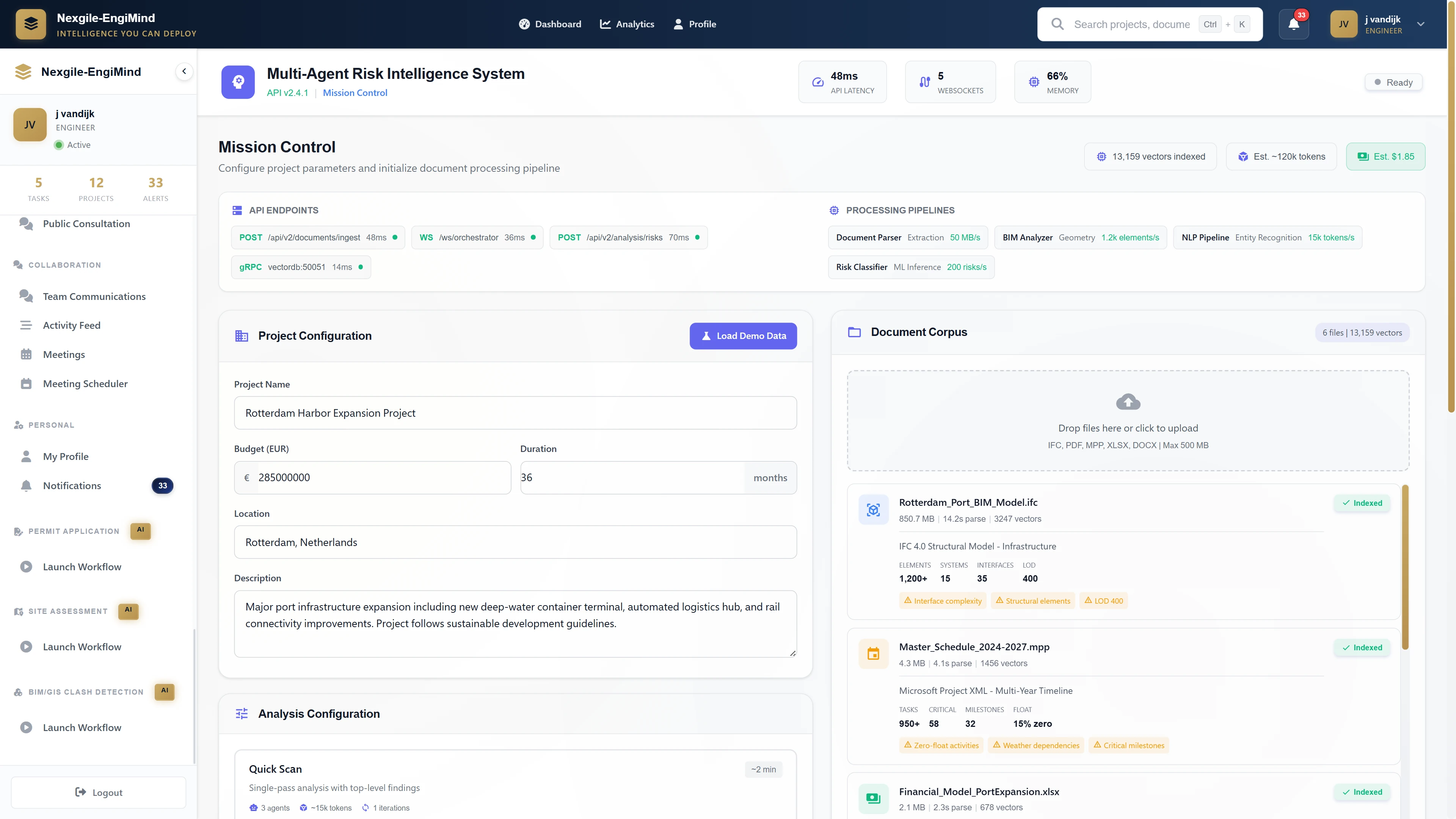 Mission Control for project configuration and multi-document ingestion with real-time extraction metrics for comprehensive risk analysis