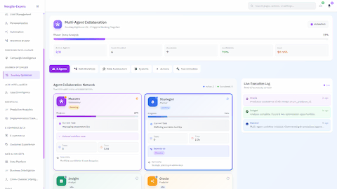 Multi-Agent Collaboration - 8 AI agents working together showing Maestro orchestrator and Strategist planner coordinating workflow dependencies in real-time