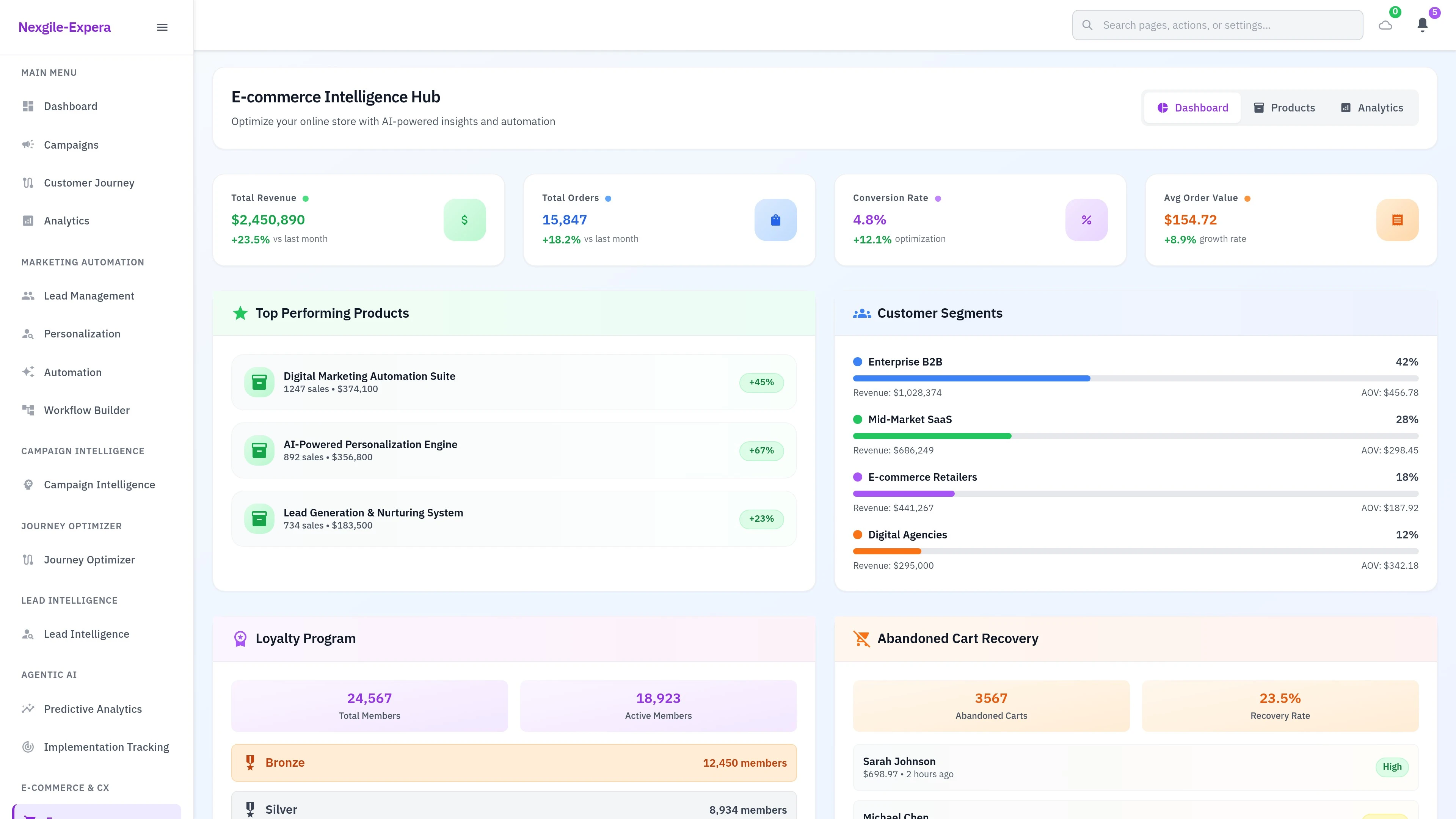 E-commerce portal interface showcasing the Nexgile-Expera Marketing Platform