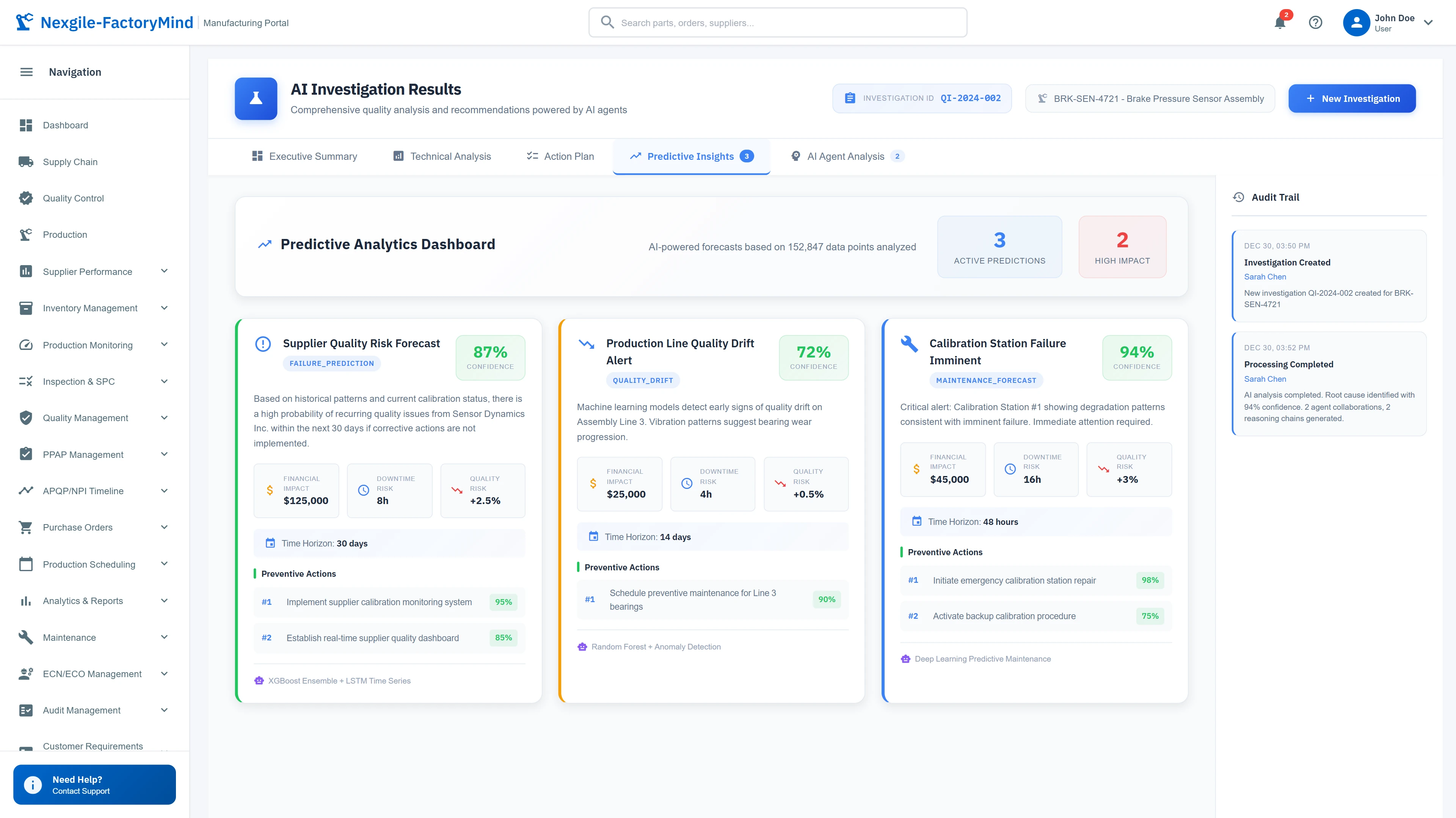 Predictive insights dashboard with quality risk forecasts and preventive actions