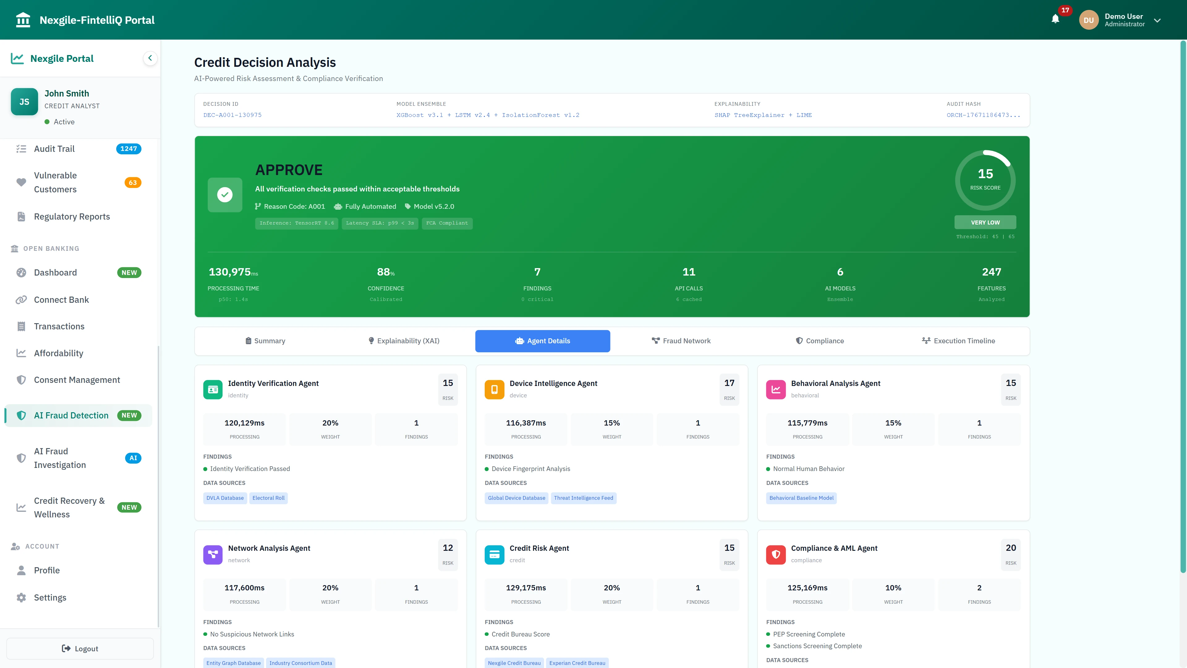 Agent Details View - Detailed breakdown of 6 specialist agents with processing times, weights, findings, and data sources