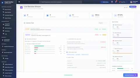 Live Decision Stream showing real-time AI decisions with full explainability including SHAP-based feature attribution, counterfactual analysis comparing alternative scenarios, compliance tags, immutable audit trail with decision IDs and hash signatures, and agent activity monitoring.