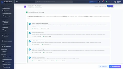 Executive Summary report displaying scenario execution results with 5-step performance breakdown covering agent initialization, real-time fleet optimization, predictive bottleneck prevention, equipment health monitoring, and production target achievement with efficiency gains and total cost savings.