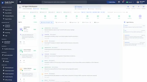 AI Agent Workspace showing agents executing ReAct reasoning loops with real-time thought processes, observations, and actions displayed alongside agent memory panel tracking reasoning chains, tool invocations, and inter-agent coordination status.