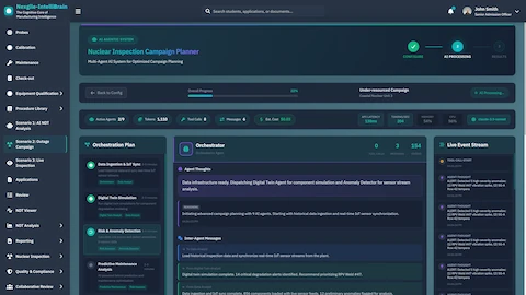 AI Orchestration in Progress - Multi-agent execution showing Data Ingestion, Digital Twin Simulation, Risk & Anomaly Detection phases with live event stream and agent messaging