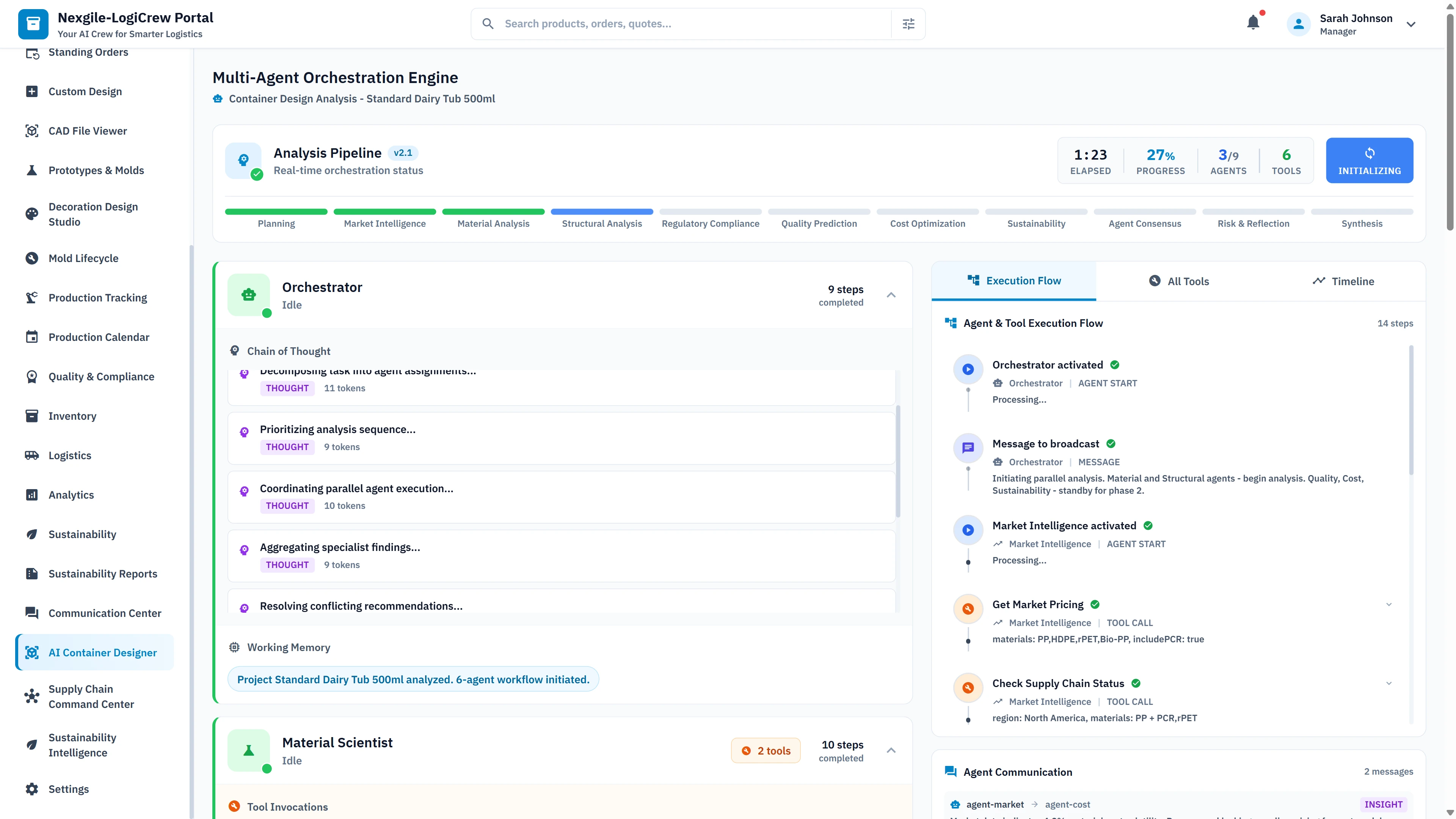 Multi-Agent Orchestration Engine showing real-time analysis pipeline with Orchestrator and Material Scientist agents, chain-of-thought reasoning, and inter-agent communication
