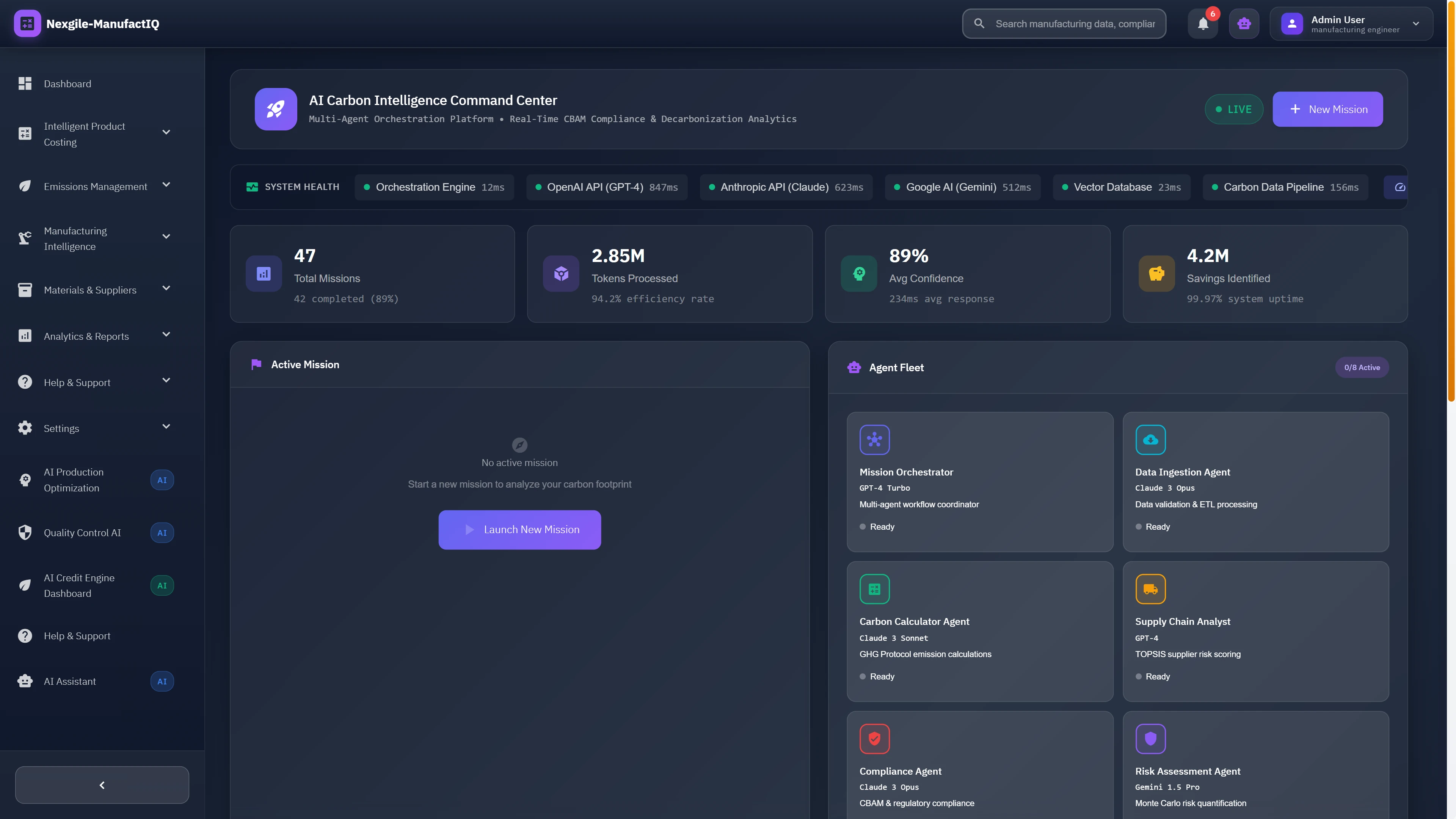 AI Carbon Intelligence Command Center displaying system health, mission statistics, agent fleet status, and real-time CBAM compliance tracking across multiple LLM APIs