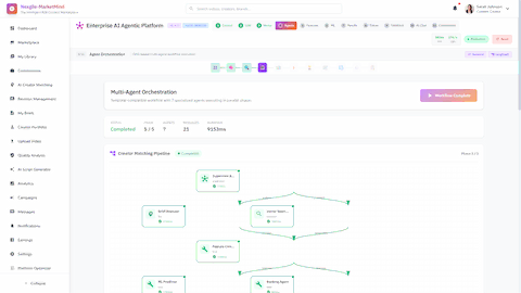 Multi-Agent Orchestration - Temporal-compatible workflow showing 7 specialized agents executing in parallel phases across the creator matching pipeline