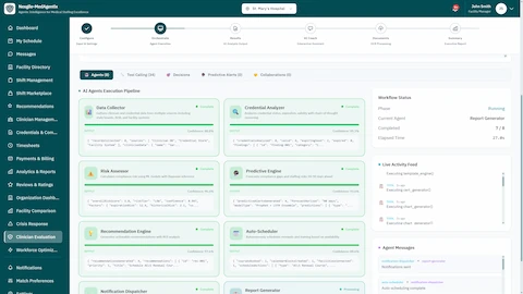 AI Agents Execution Pipeline - Eight specialized agents (Data Collector, Credential Analyzer, Risk Assessor, Predictive Engine, Recommendation Engine, Auto-Scheduler, Notification Dispatcher, Report Generator) with real-time workflow status and live activity feed