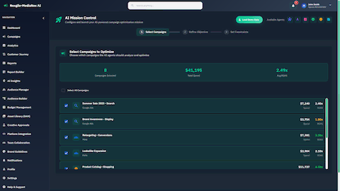 AI Mission Control - Campaign selection interface for configuring optimization objectives