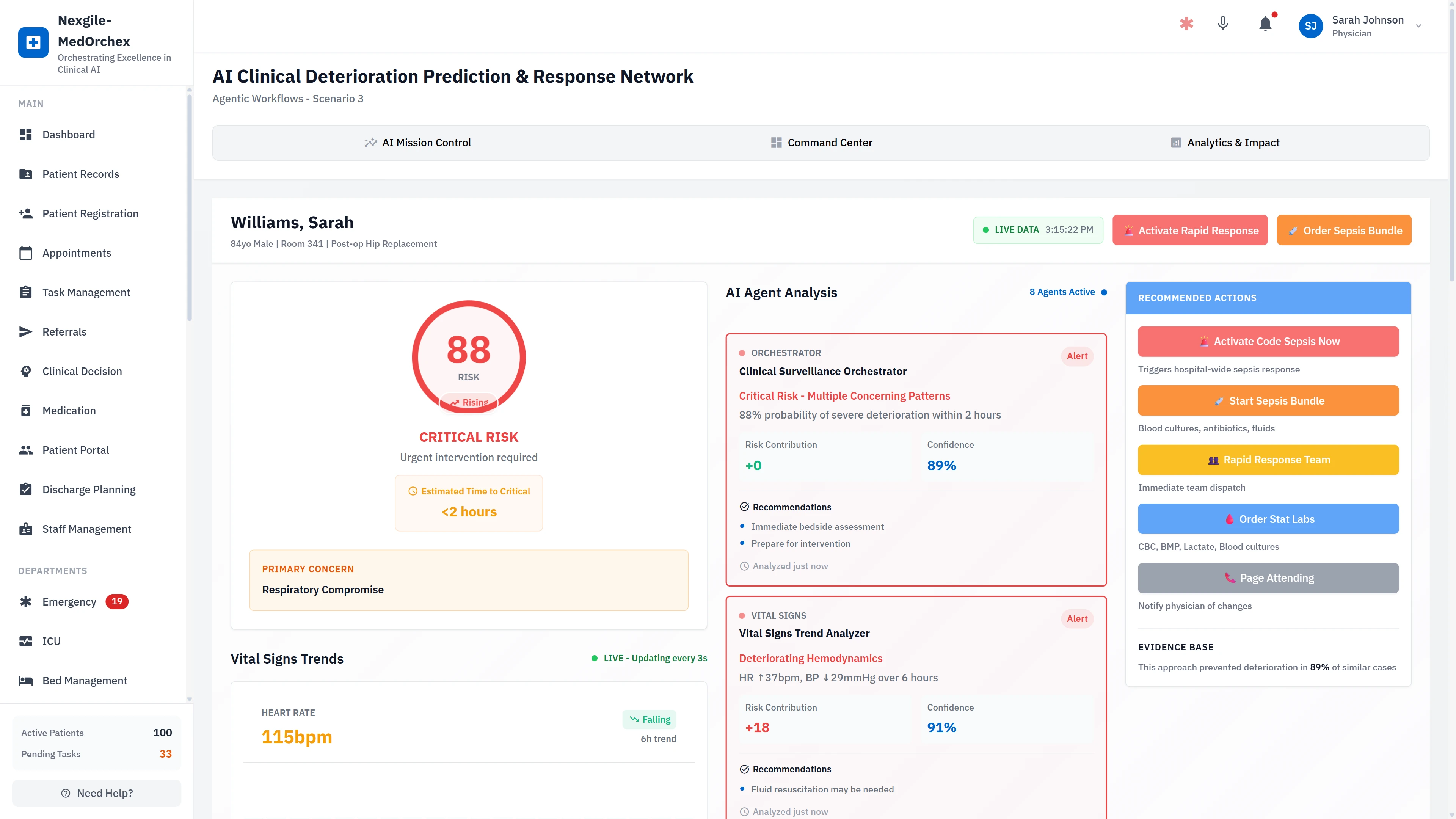 Patient Detail View - Critical Risk Analysis with Vital Signs Trends & AI Recommended Actions