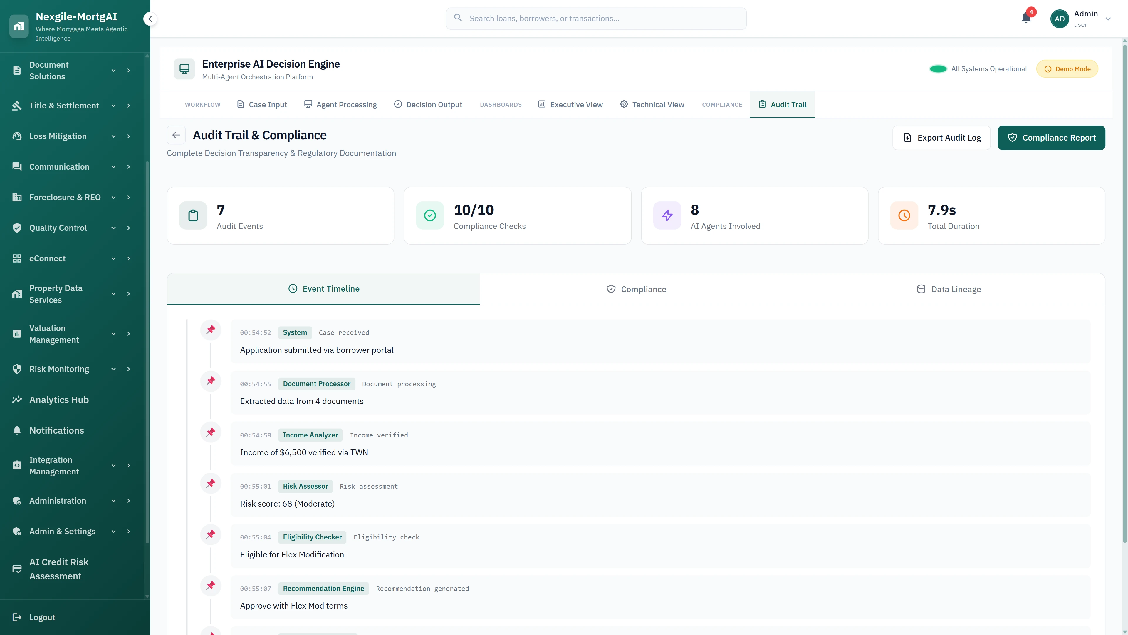 Audit trail and compliance view with event timeline, 10/10 compliance checks, agent processing history, and regulatory documentation