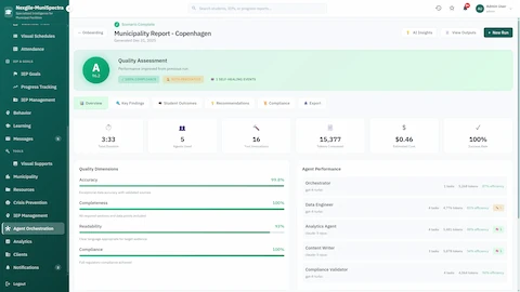 Quality Assessment Dashboard - Report quality dimensions (accuracy, completeness, readability, compliance) with agent performance metrics and self-healing events