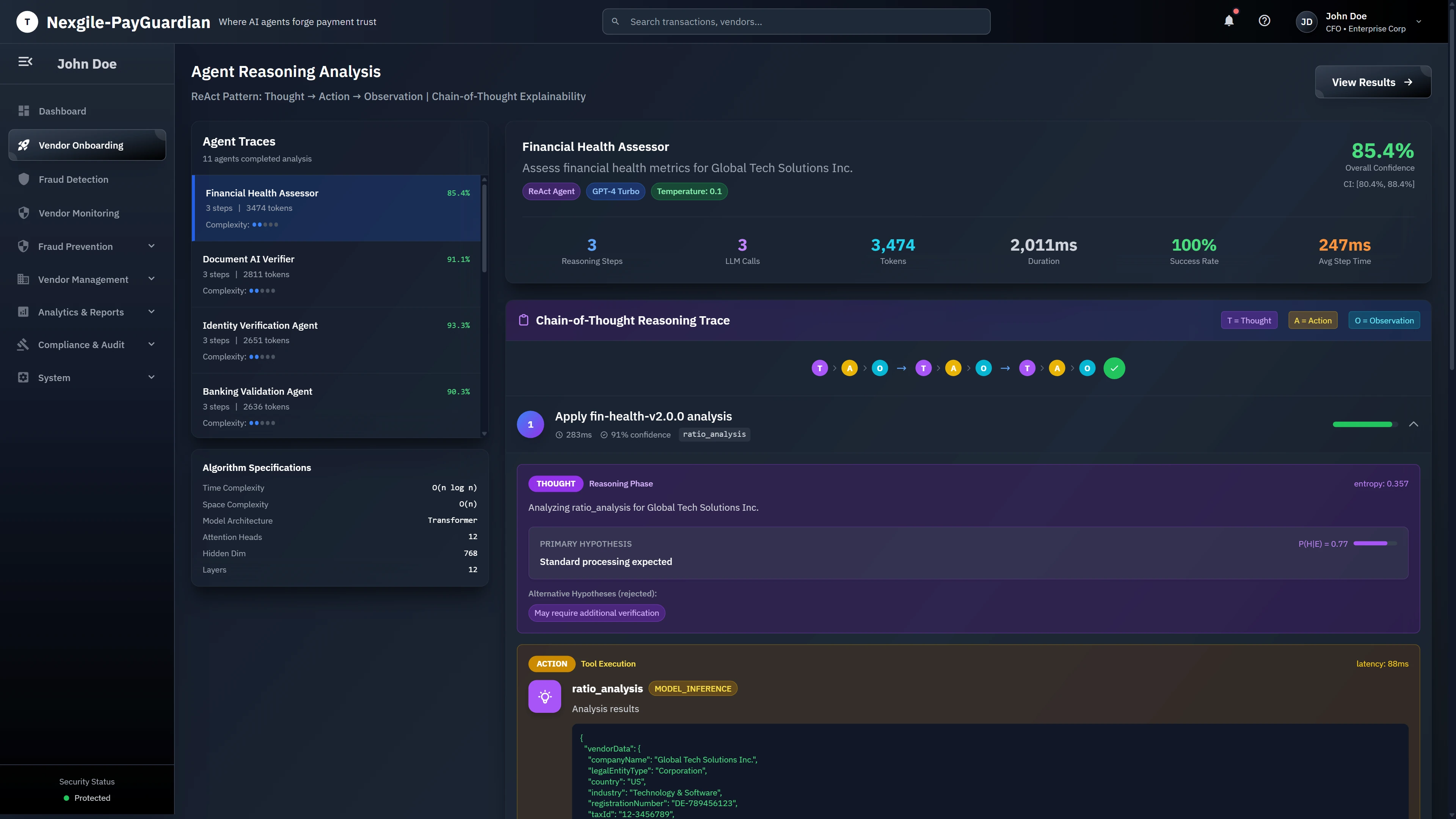 Agent Reasoning Analysis - Chain-of-Thought explainability using ReAct pattern (Thought → Action → Observation) showing Financial Health Assessor agent trace with algorithm specifications, confidence scoring, and detailed reasoning steps for vendor validation
