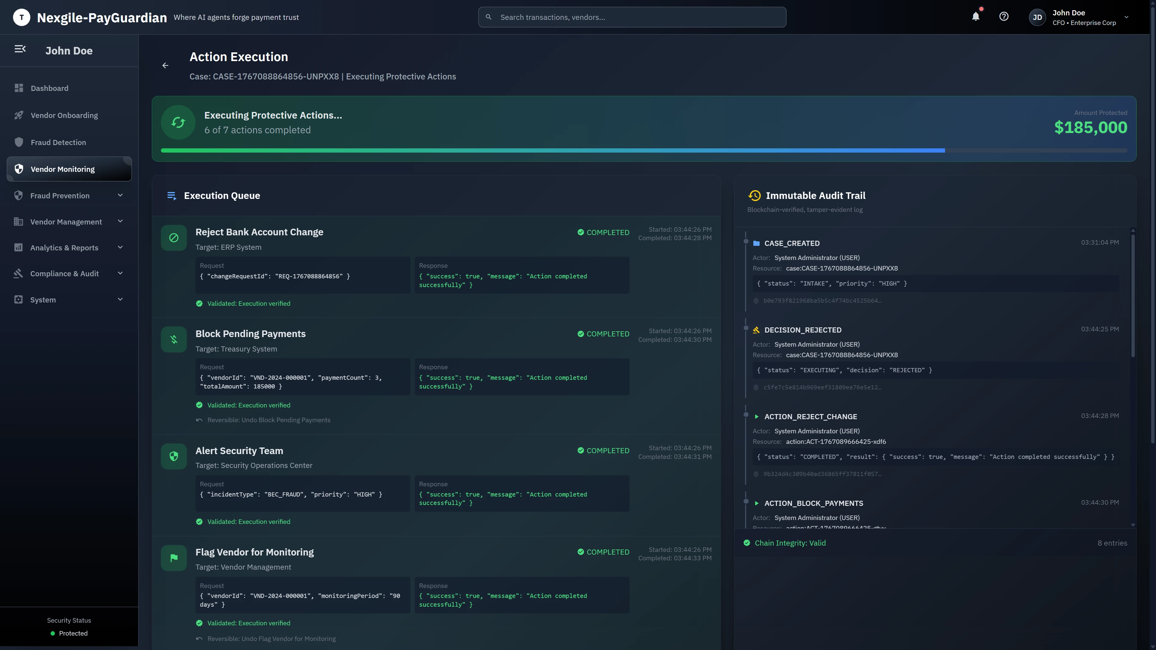 Action Execution - Automated protective actions execution queue showing completed tasks (Reject Bank Account Change, Block Pending Payments, Alert Security Team, Flag Vendor for Monitoring) with blockchain-verified immutable audit trail and chain integrity validation