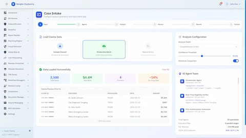 Case Intake - Claims data loading interface with AI agent team configuration showing orchestrator, eligibility verifier, and prior authorization automator