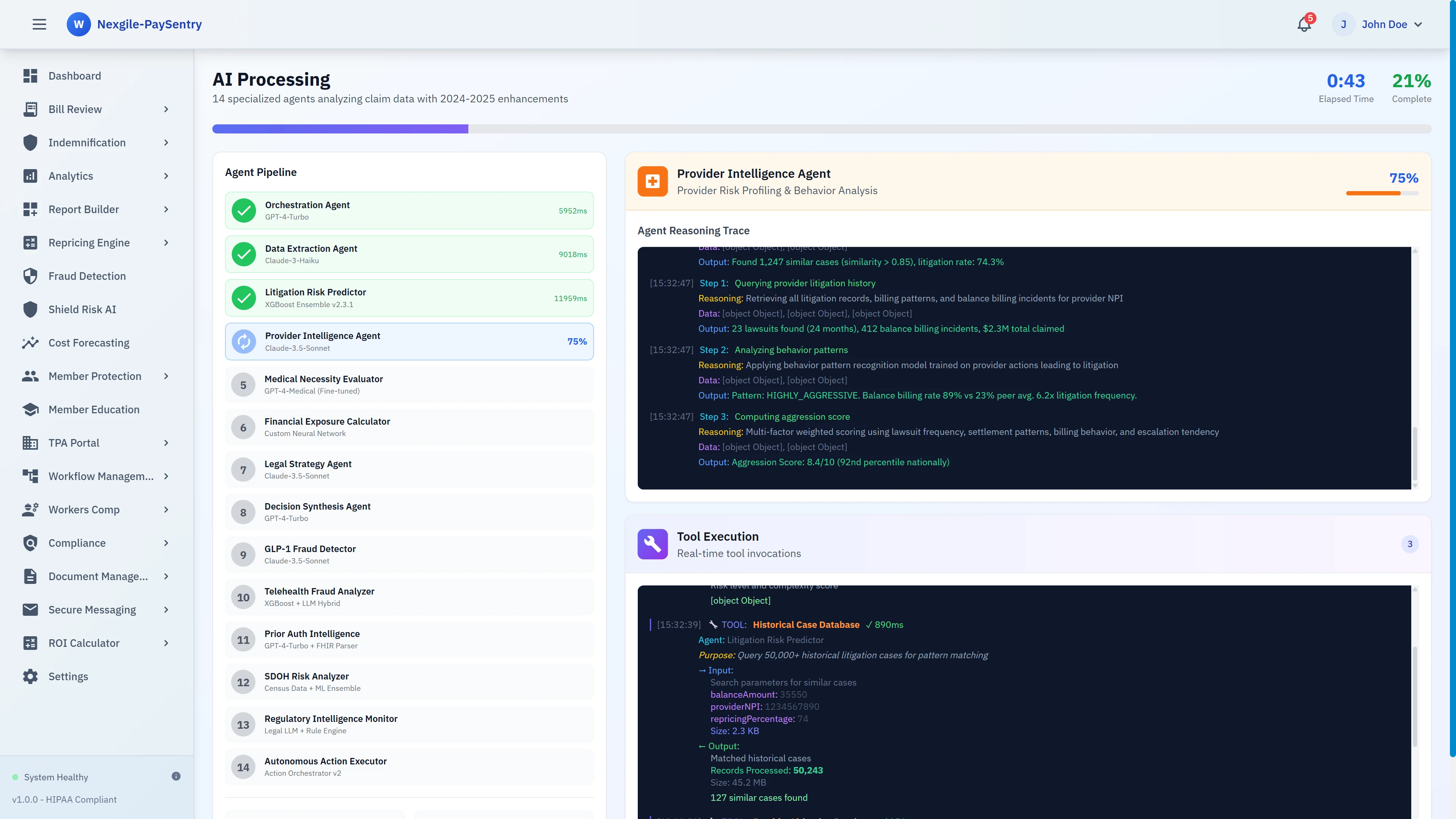 AI Processing - Agent pipeline showing 14 specialized agents with real-time reasoning trace and provider intelligence analysis including litigation history and behavior patterns