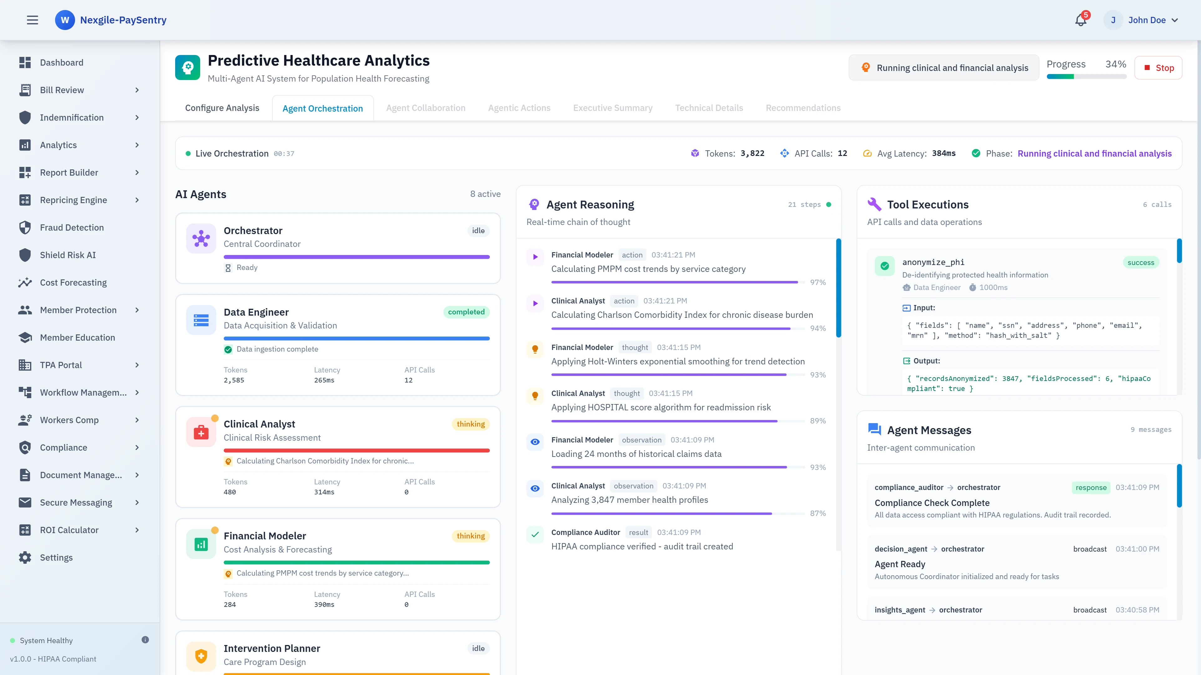 Agent Orchestration - Live multi-agent collaboration showing 8 active AI agents with real-time reasoning chains, tool executions, and inter-agent communication messages