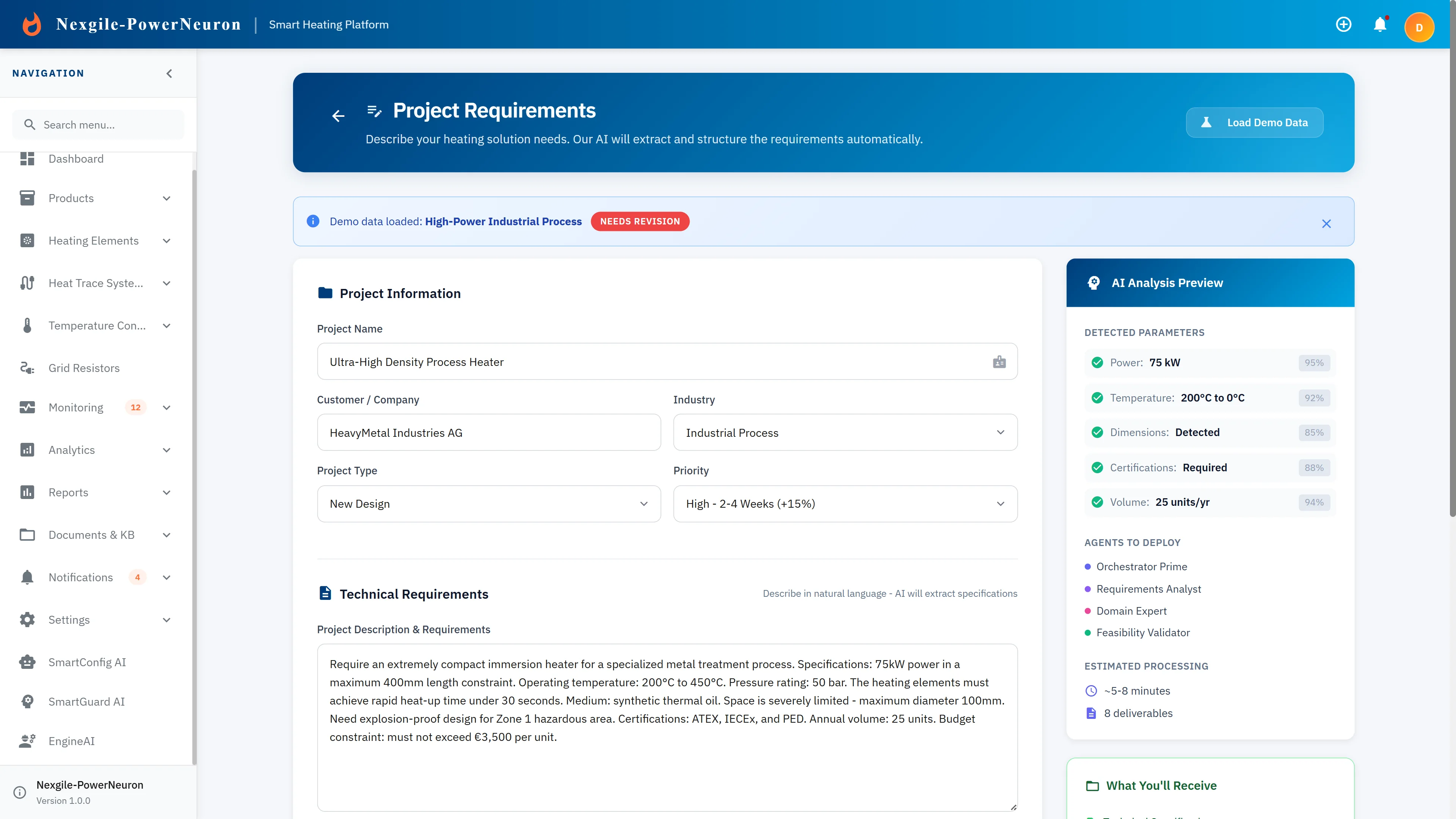 Project Requirements input form with natural language specifications and AI parameter detection.