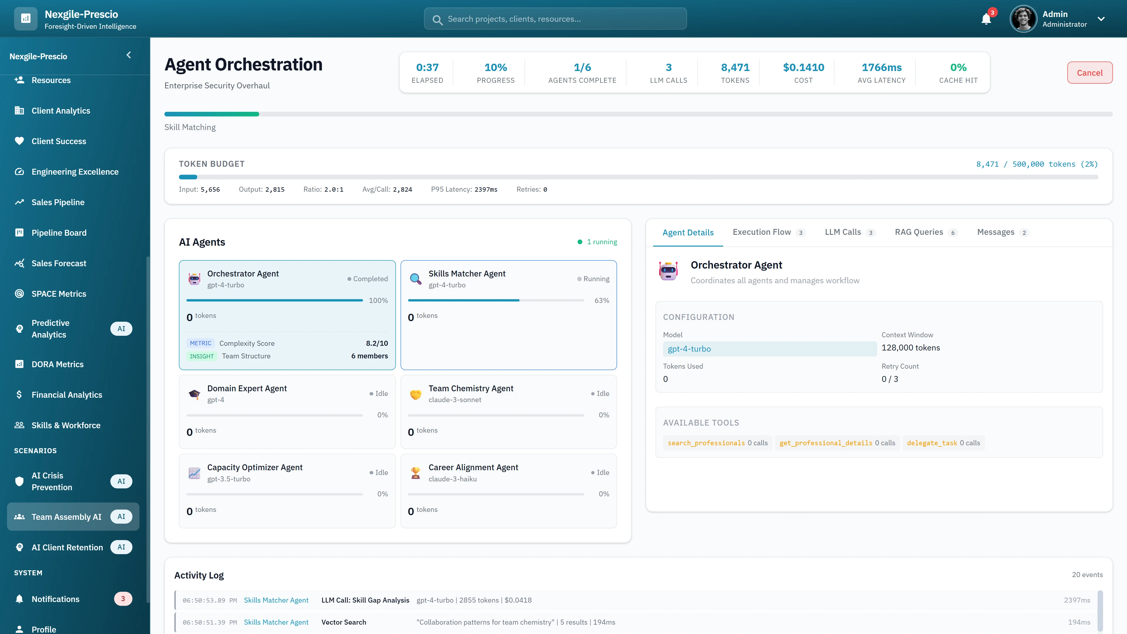 Agent Orchestration Dashboard - Six specialized agents with token budget tracking, execution timeline, and detailed agent activity logs
