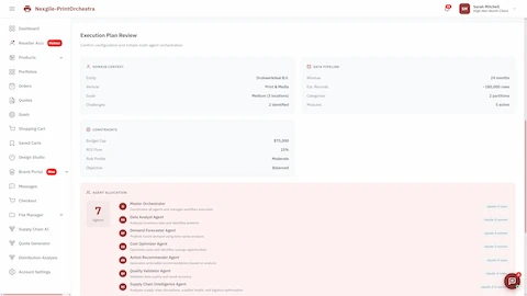 Execution Plan Review displaying domain context, data pipeline specifications (~180,000 rows), business constraints (budget cap, ROI floor, risk profile), and 7-agent allocation with their specialized roles and Claude model assignments.