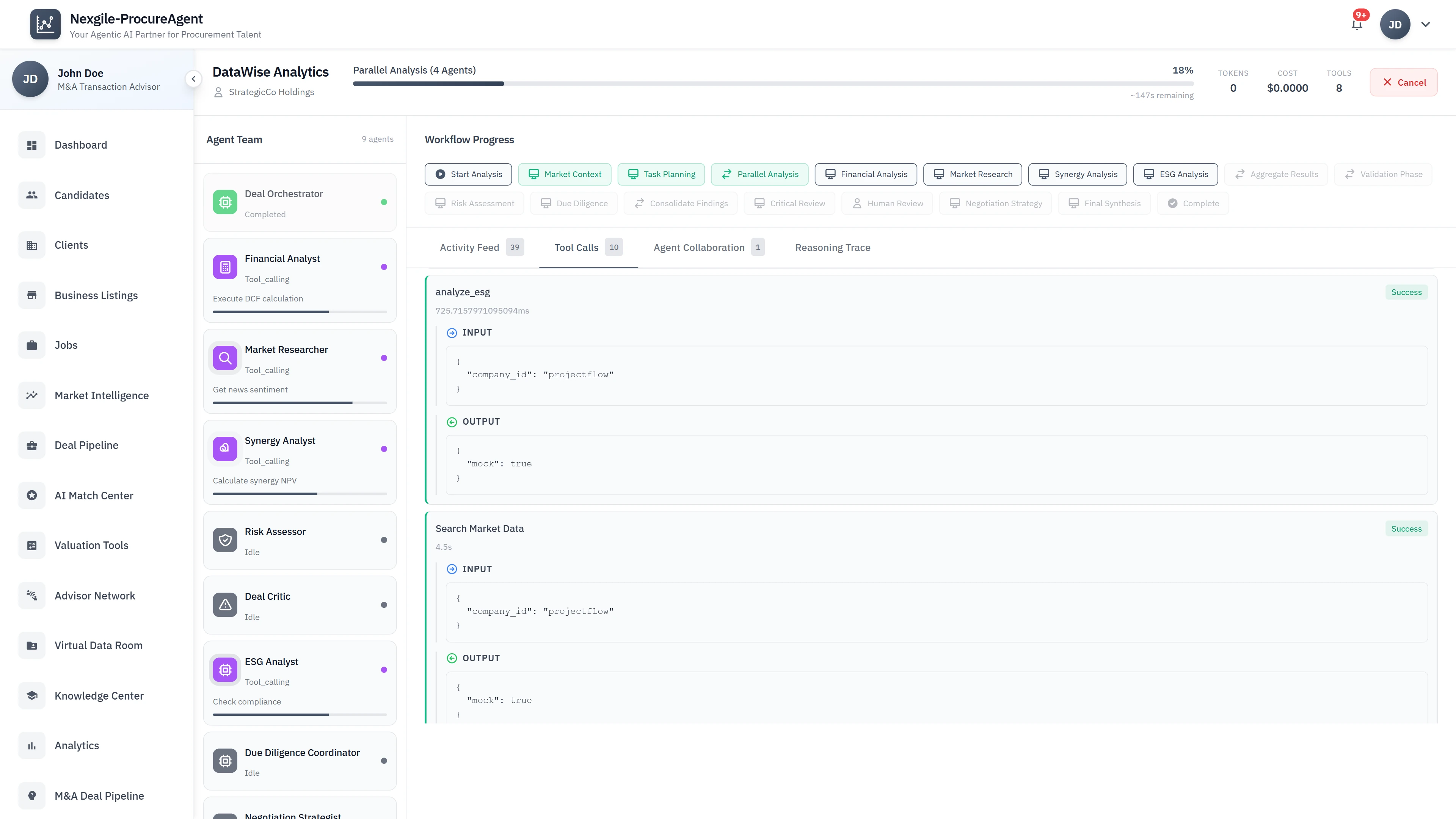 Parallel Analysis - 9-agent workflow progress with tool calls, reasoning traces, and real-time outputs