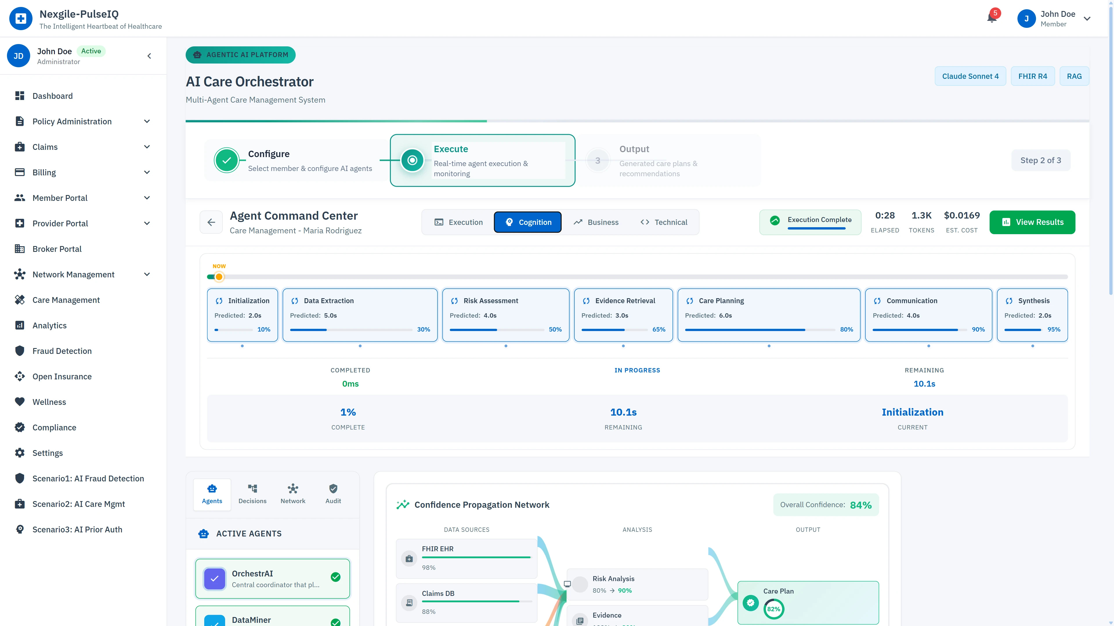 Cognition View - Visual pipeline progress tracking through care orchestration stages with confidence propagation network