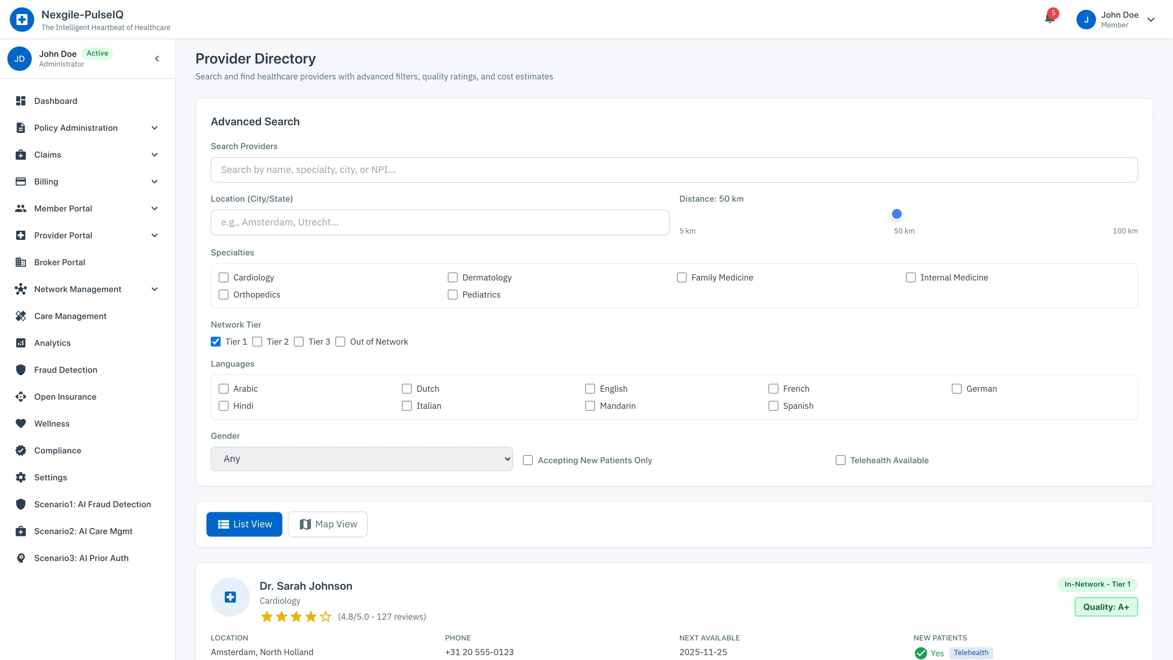 Provider Directory - Comprehensive provider search with geolocation-based filtering and quality ratings