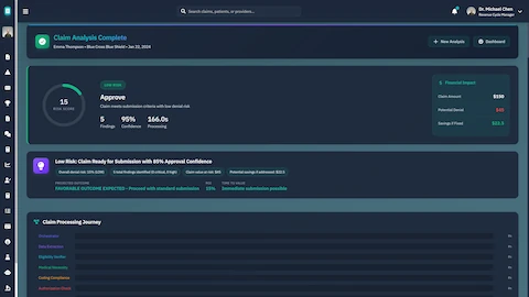 Claim Analysis Results - Complete denial risk assessment with approval recommendation, confidence scoring, and financial impact analysis