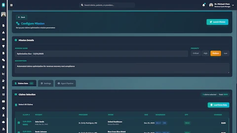 Mission Configuration Interface - Setup claims optimization mission parameters with batch claim selection and priority settings