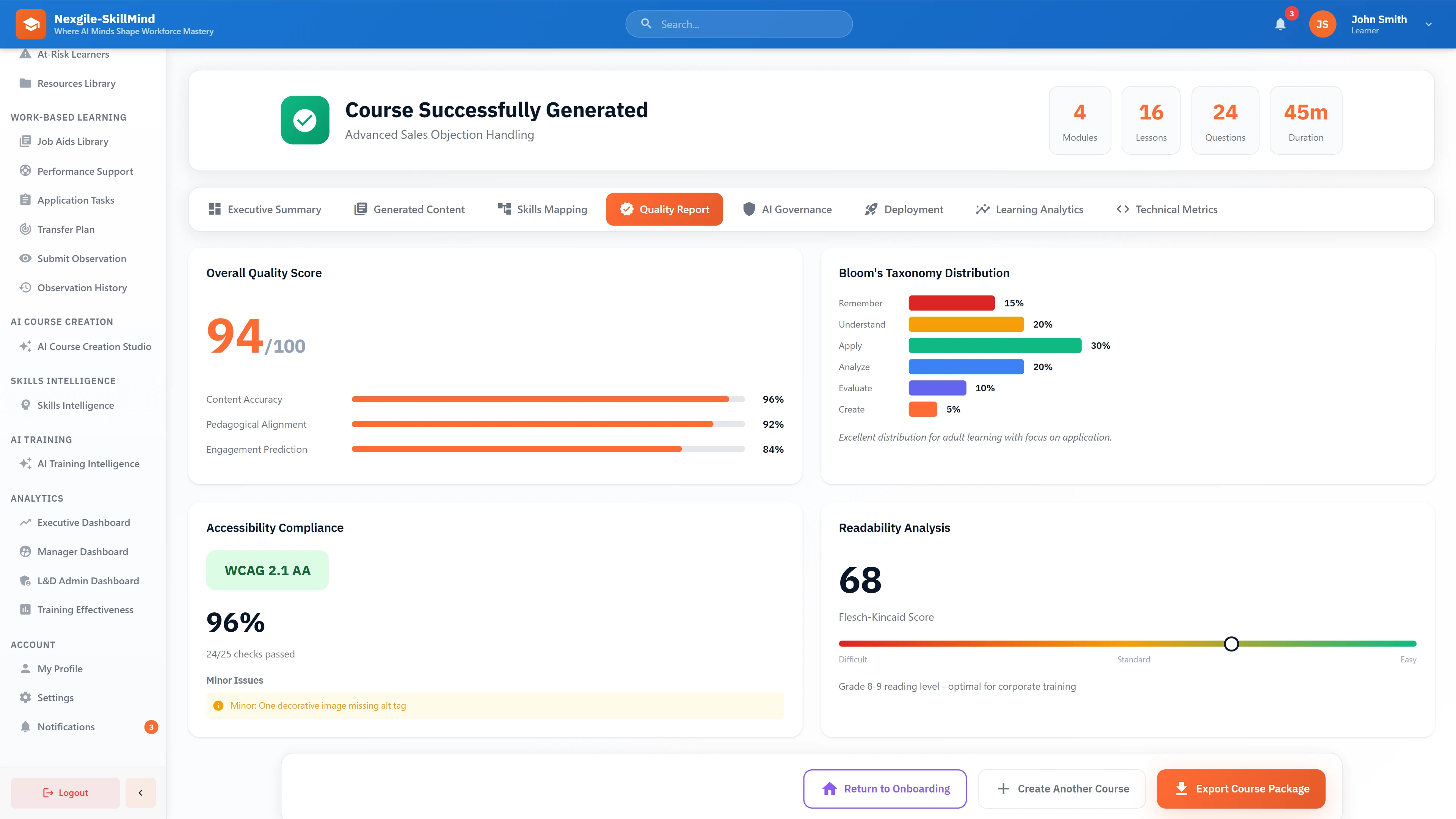 Quality Report - Comprehensive validation results with Bloom's Taxonomy distribution, WCAG 2.1 AA compliance, and readability analysis