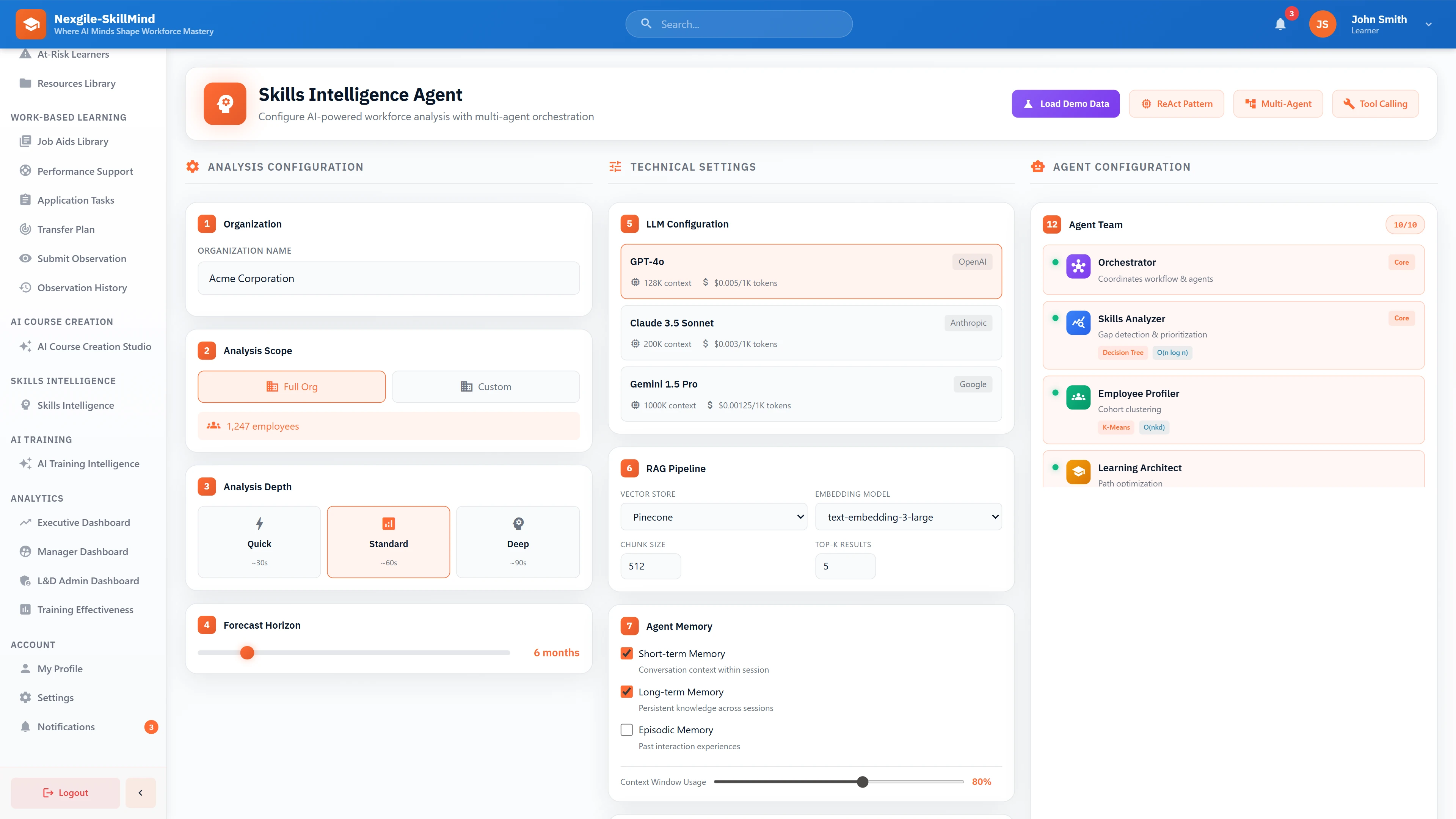 Analysis Configuration - Organization scope, analysis depth settings, LLM model selection, RAG pipeline configuration, and 10-agent team overview