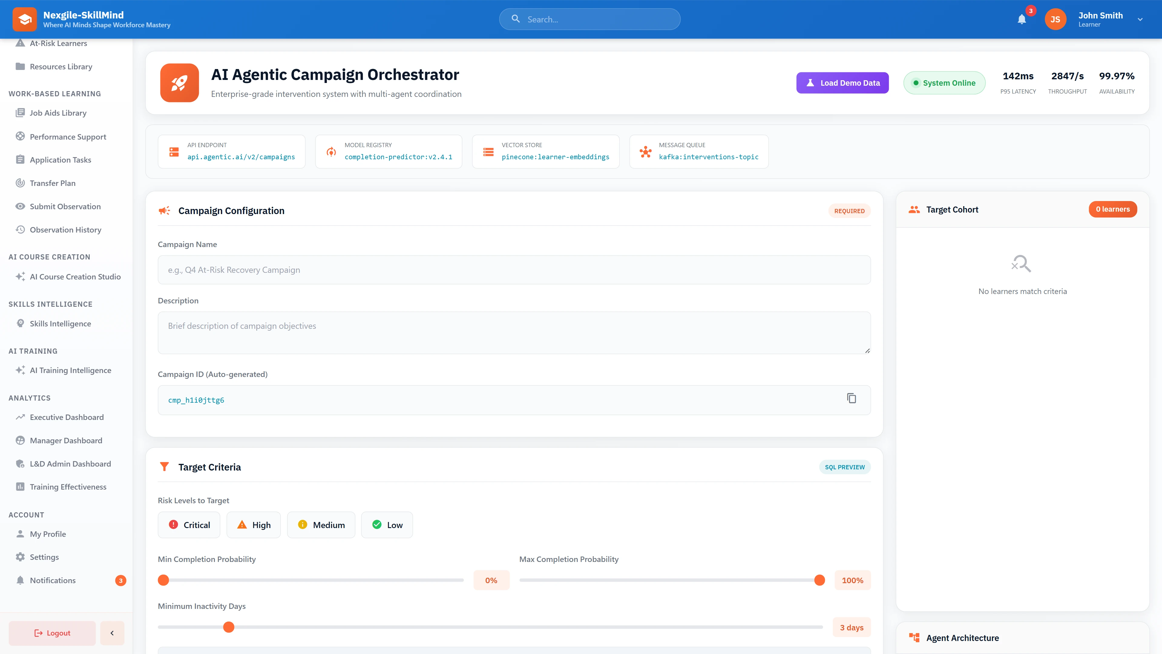 Campaign Configuration - Target criteria setup with risk level filters, completion probability thresholds, and inactivity day parameters