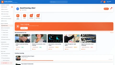 Mobile Learning Experience - Native mobile-optimized interface with microlearning capsules, swipeable card-based lessons, and offline content download capabilities