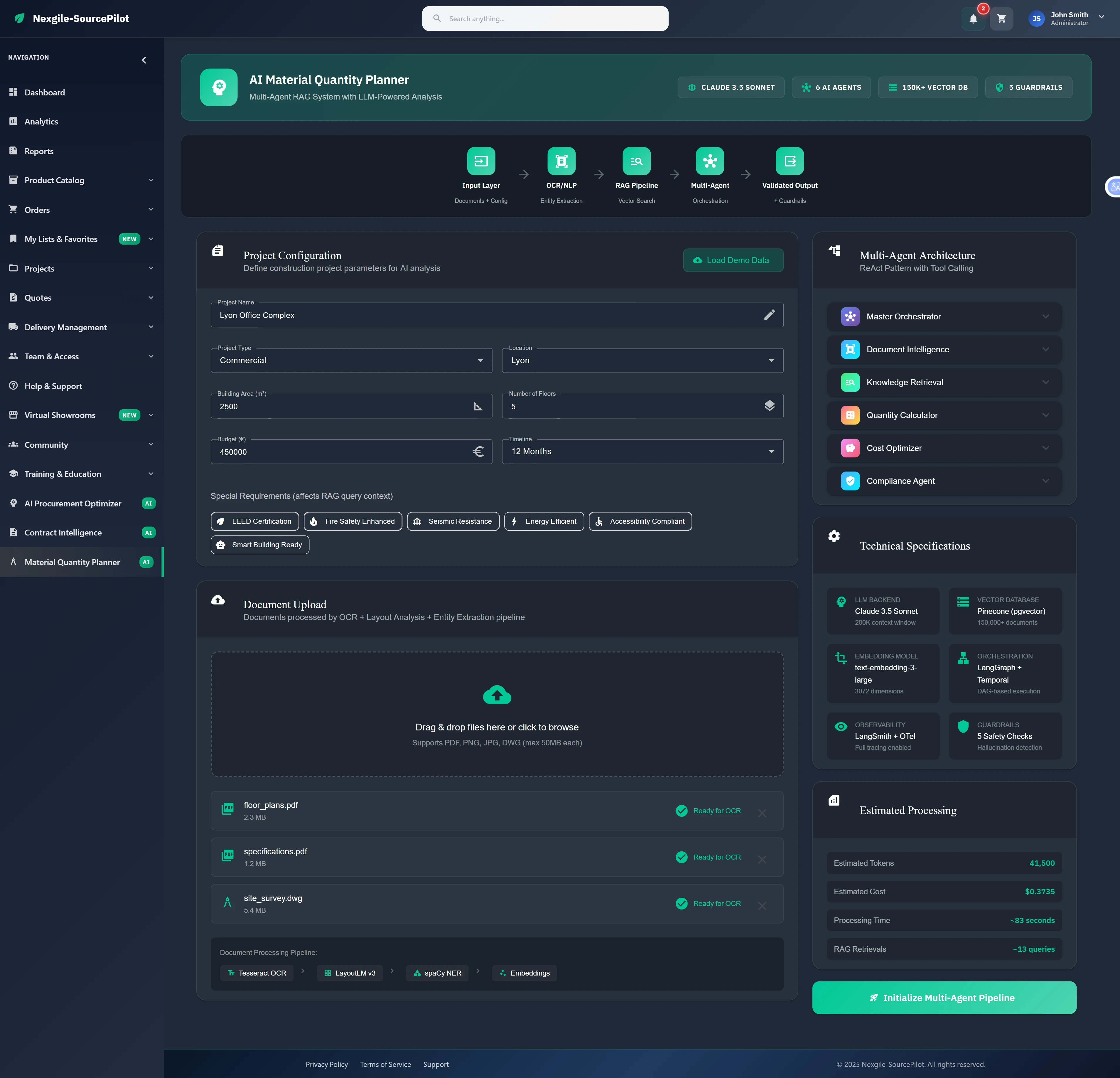 Project configuration interface with document upload, multi-agent architecture overview, and technical specifications