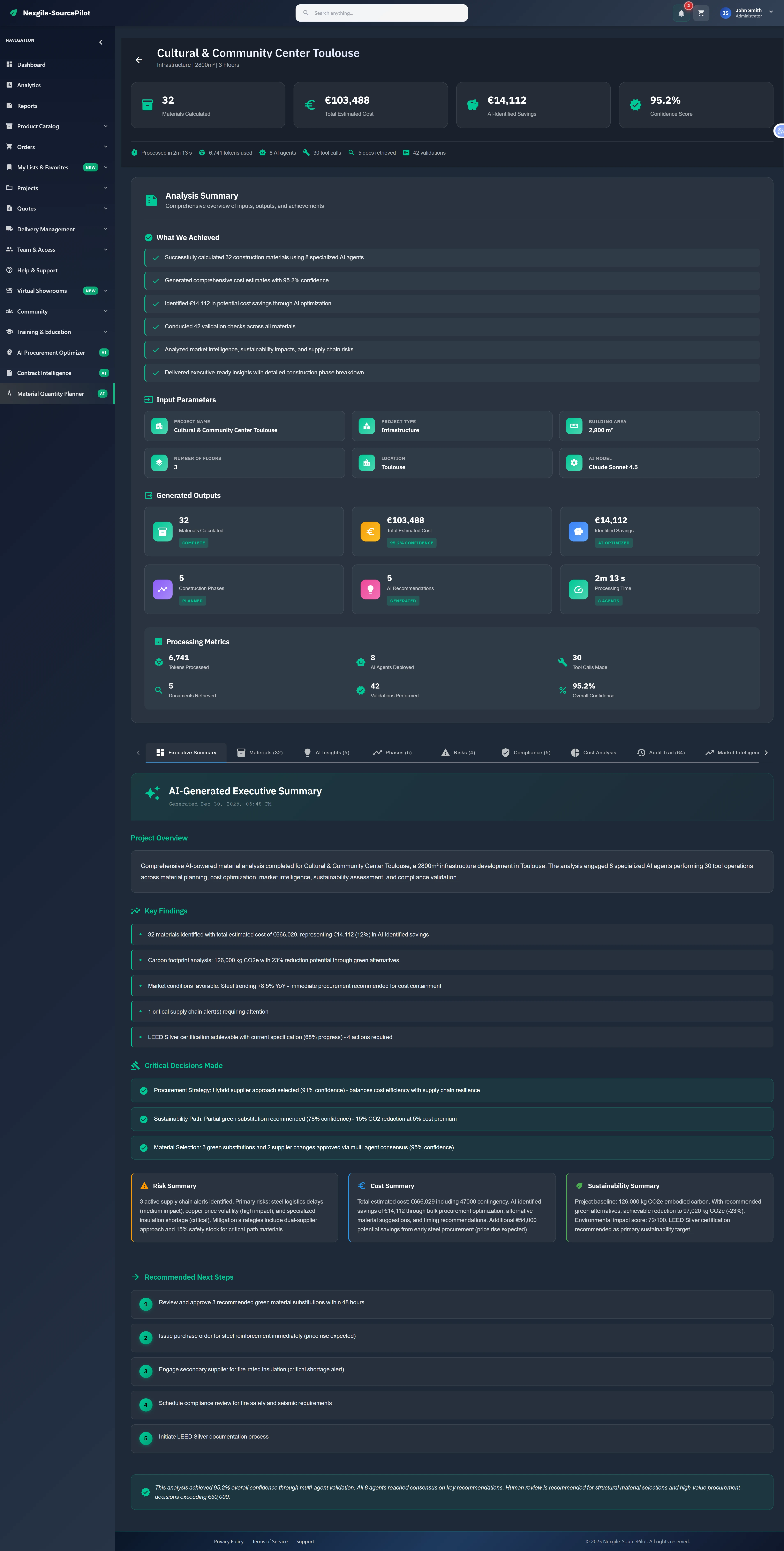 Comprehensive analysis results with material calculations, cost estimates, and AI-generated executive summary
