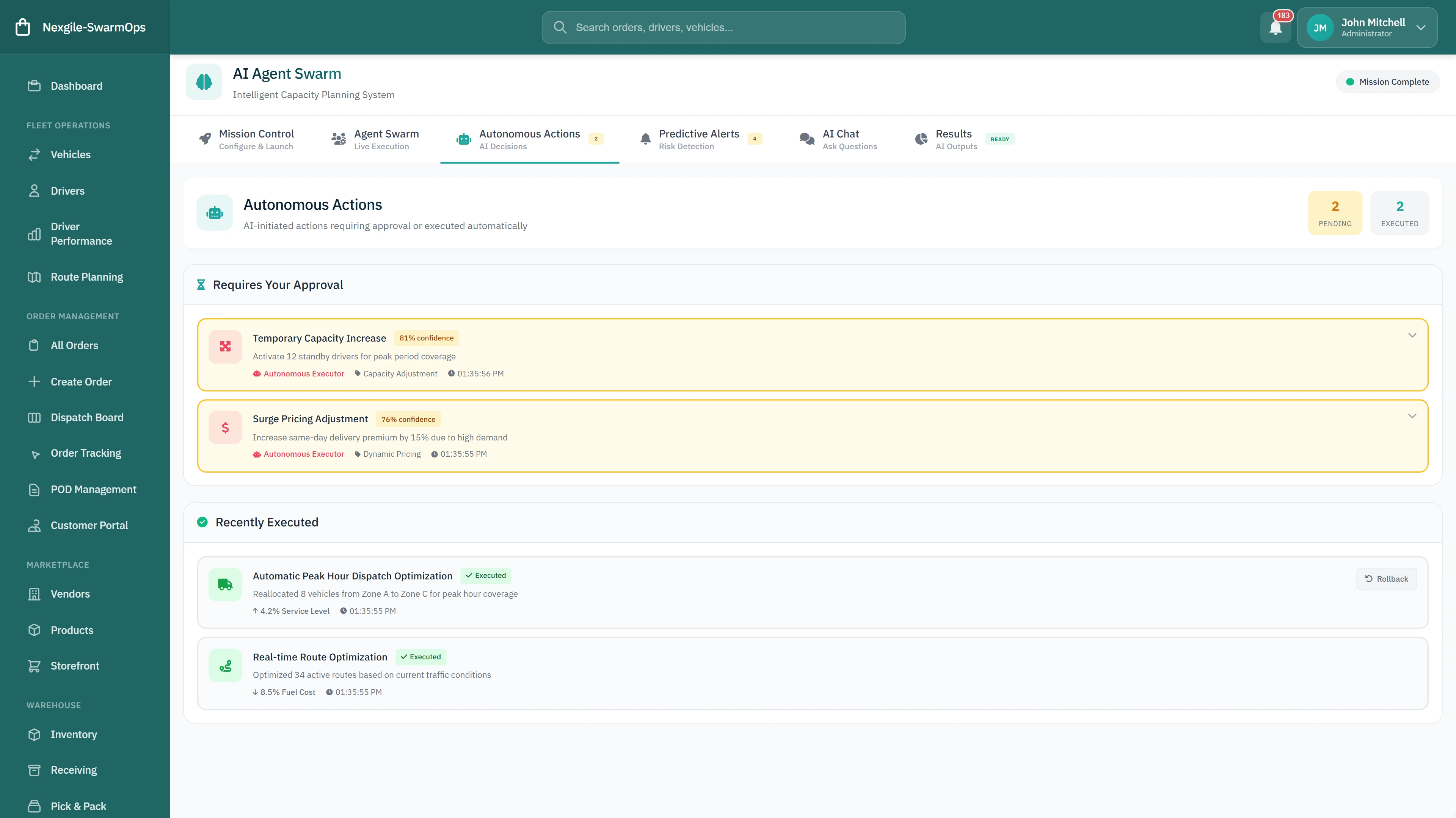 Autonomous Actions - Actions requiring human approval with confidence scores, and recently executed automated actions with rollback capability