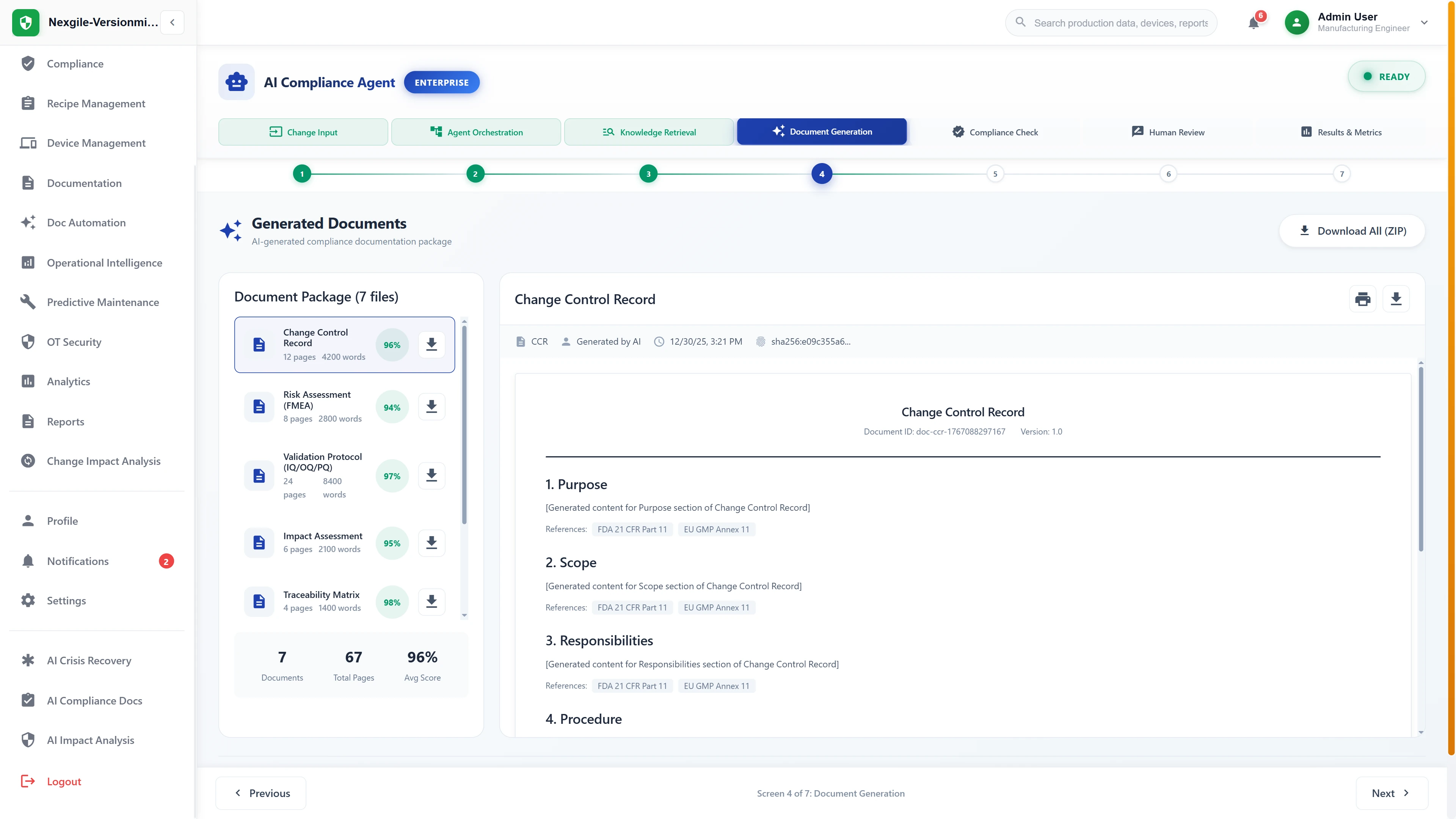Document generation package displaying 7 AI-generated compliance documents totaling 67 pages with 96% average quality score