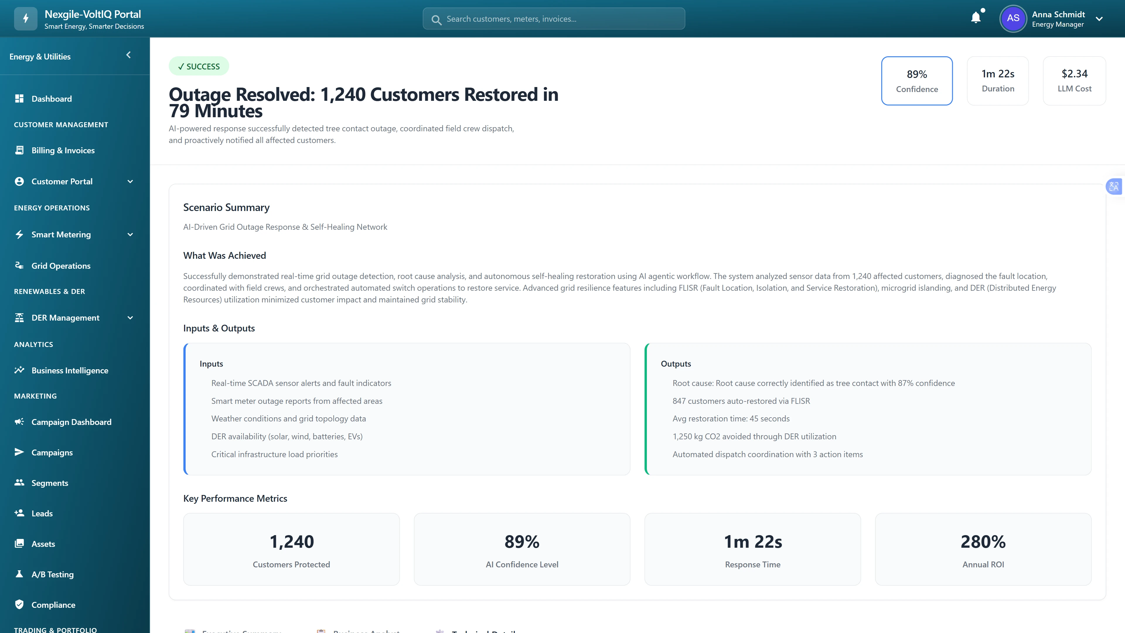 Outage resolution success summary with 1,240 customers restored in 79 minutes via FLISR automation